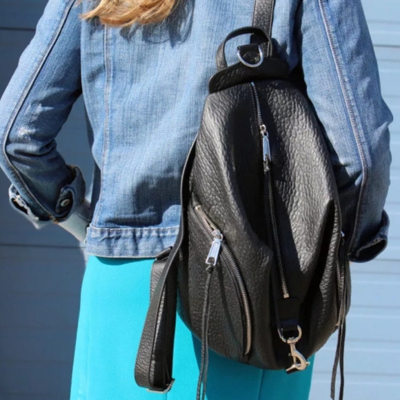 REBECCA MINKOFF Julian Large Backpack BLACK Gold Pebbled Leather - Picture 10 of 16